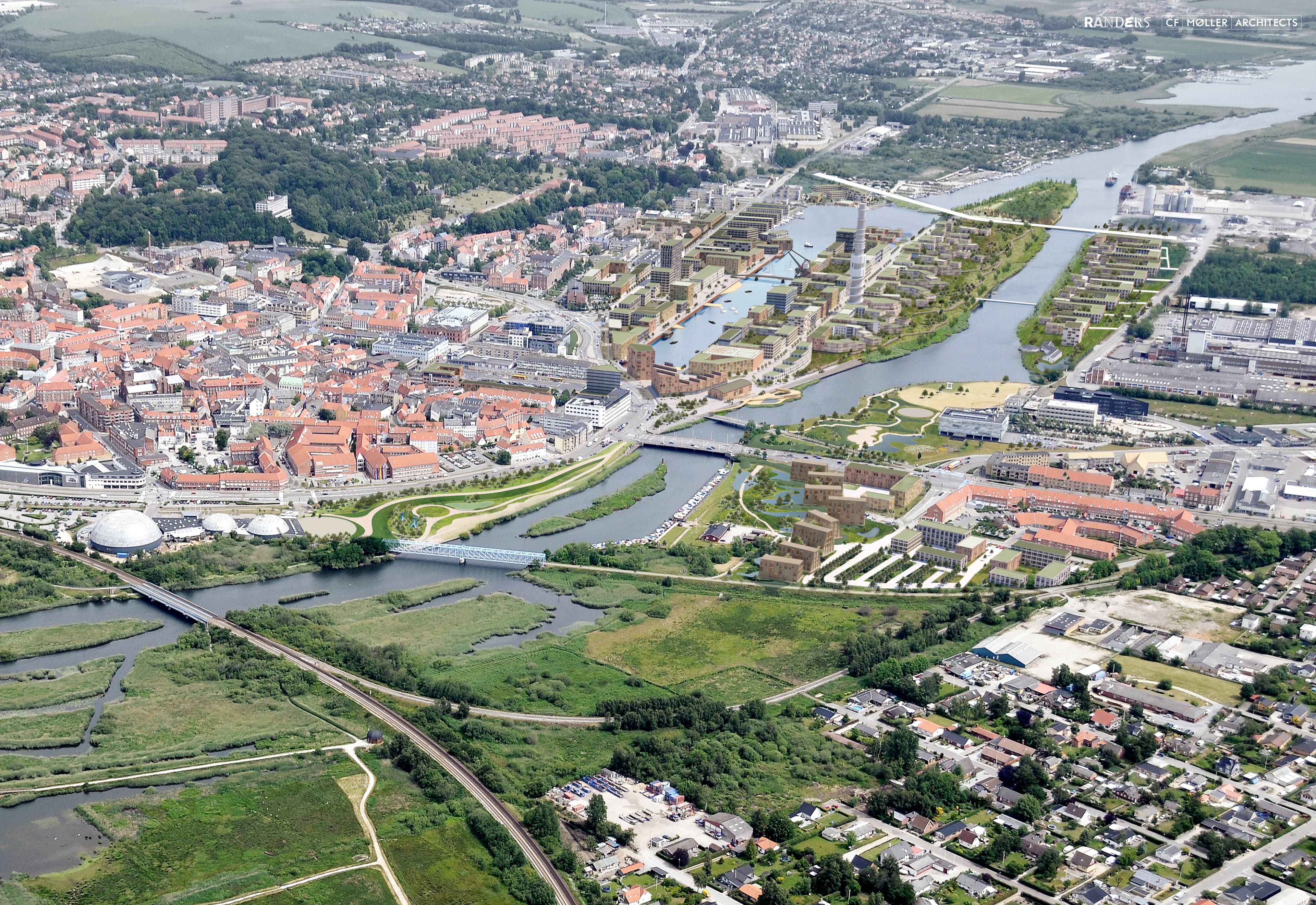 Flodbyen Randers set fra luften scenarie B